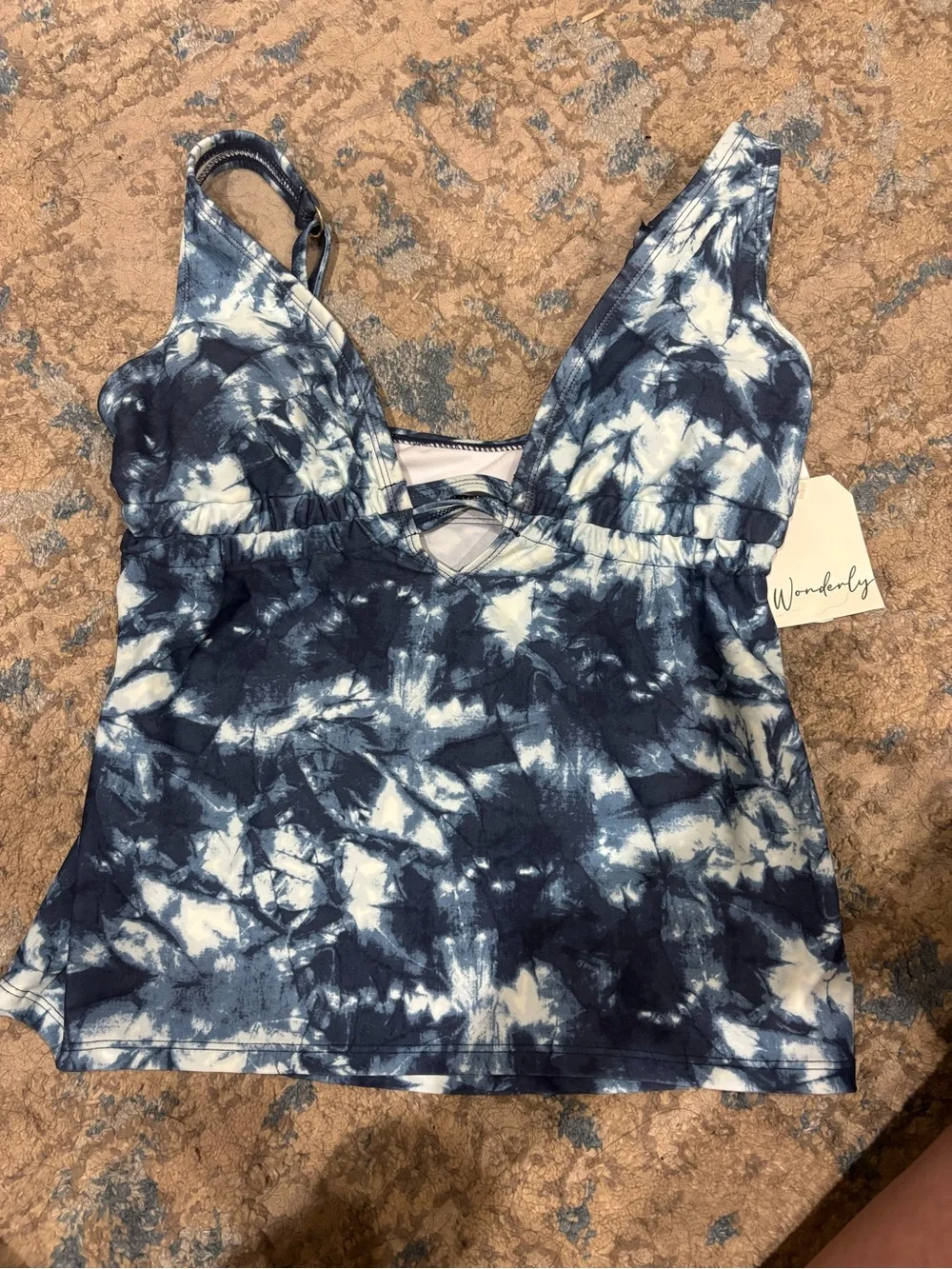 Wonderly Navy and White Tie-Dye Bikini Top with Gold Hardware